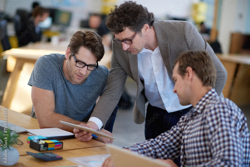 Poster business people, discussion and tablet for collaboration on research, problem solving and teamwork. 