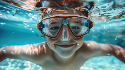 Naklejka premium A cheerful child wearing orange goggles smiling underwater in a swimming pool.
