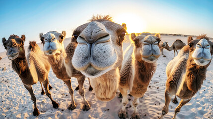 A group of camels standing on top of a sandy beach, blending into the desert landscape - obrazy, fototapety, plakaty