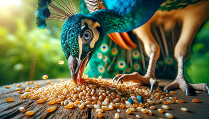 Peacock Eating Grains , macro photography , natural background. - obrazy, fototapety, plakaty