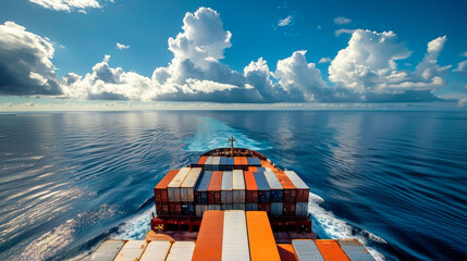 A large cargo ship carrying containers sails across the vast ocean - obrazy, fototapety, plakaty