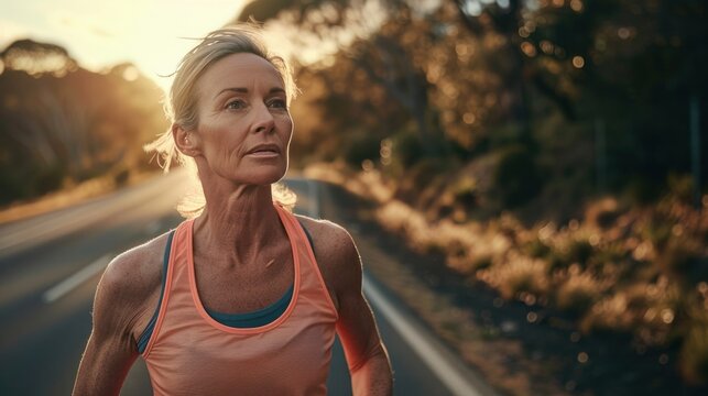 A woman in an orange tank top jogging on a road with a blurred background of trees and a sunset.