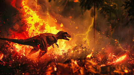 Fototapeta premium A prehistoric dinosaur stands in the midst of a raging fire, surrounded by flames and smoke