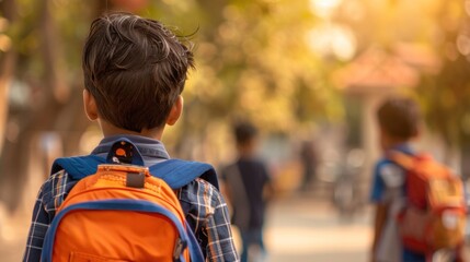 A young boy with a vibrant orange backpack walking down a tree-lined street with other children enjoying a sunny day.