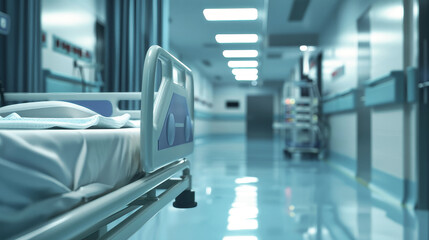 A hospital room with a bed in the center, surrounded by medical equipment and furniture - obrazy, fototapety, plakaty