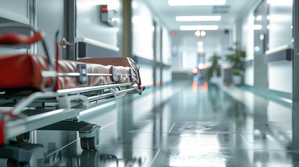 Obraz premium A hospital room featuring a row of beds and carts lined up neatly, ready for patient care and treatment