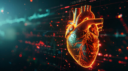 A human heart is depicted in the center, surrounded by intricate lines and dots in an abstract illustration