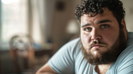 Man with curly hair and beard wearing a blue shirt looking contemplative with a slight frown.