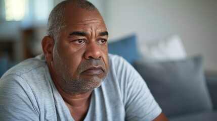 Fototapeta premium A man with a beard and mustache wearing a gray t-shirt sitting in a room with a blue couch and a blurred background looking contemplative.