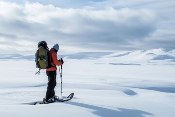 Fototapeta na wymiar snowshoer checking gps on vast snowy plateau