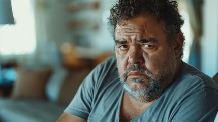 Obraz premium A man with a beard and curly hair wearing a gray shirt sitting in a room with a blurred background looking concerned or deep in thought.