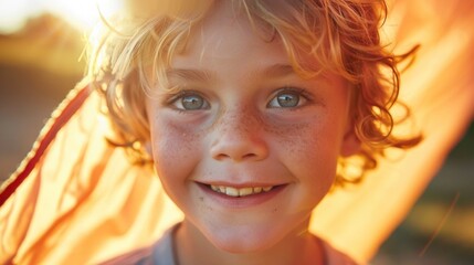 A young child with curly hair freckles and sparkling eyes smiling brightly against a warm blurred background possibly a sunset. - obrazy, fototapety, plakaty