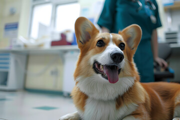 Photo of a corgi dog in a veterinary clinic