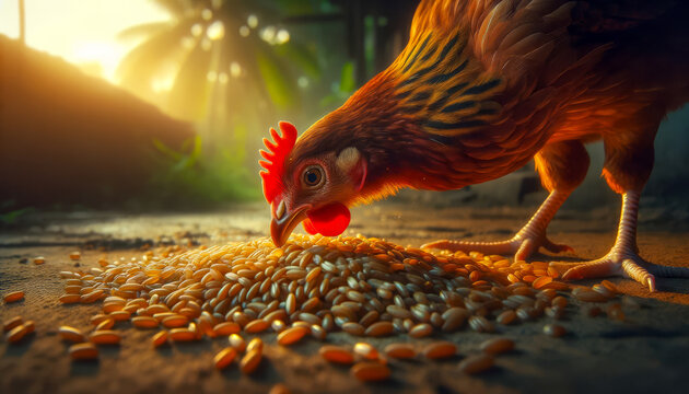 Chicken Pecking Grains , macro photography , natural background.