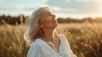 Fototapeta na wymiar A woman with gray hair wearing a white blouse stands in a field of tall grass smiling and looking up at the sky with the sun setting behind her creating a warm golden glow.