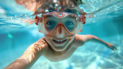 Naklejka premium A young child with a joyful expression wearing goggles and swimming underwater.