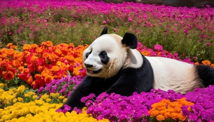 A Giant Panda Lounging In A Bed Of Colorful Flower