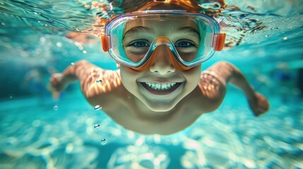 Fototapeta premium A young child with a joyful expression wearing goggles swimming underwater in a pool.