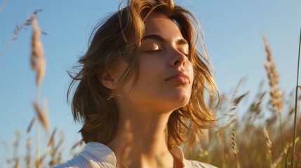 A serene woman with closed eyes standing in a field of tall grass basking in the sunlight.