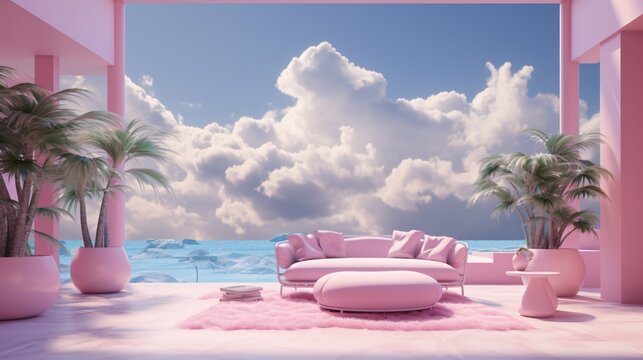 a pink couch and a round pink rug on a pink rug with palm trees and a blue sky with clouds