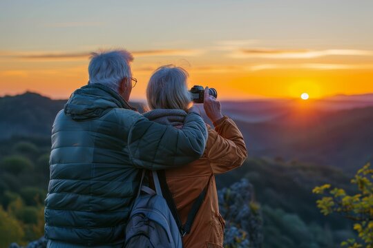 Backside of a senior couple capturing the sunset with a camera, preserving moments of joy and beauty, healthy lifestyle