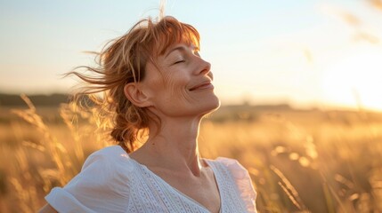 A woman with closed eyes smiling and looking up towards the sun surrounded by tall golden grass with a warm glowing sunset in the background.