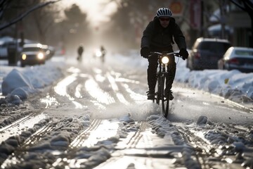 cyclist navigating through slushy streets - obrazy, fototapety, plakaty