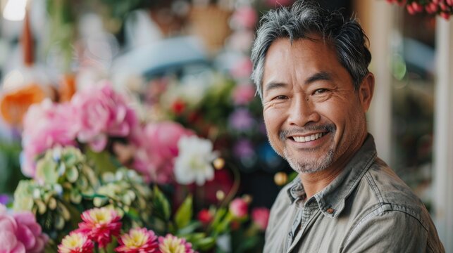 Smiling man with gray hair and beard standing in front of a vibrant display of colorful flowers.