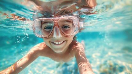 Naklejka premium A young child with a joyful expression wearing pink goggles swimming underwater with bubbles around them.