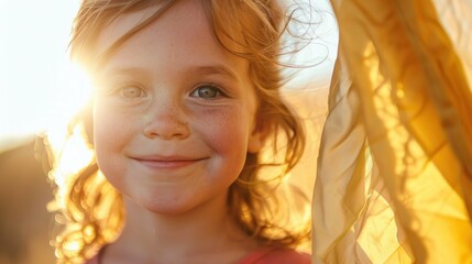 A young girl with freckles and a radiant smile looking directly at the camera with the sun's rays creating a warm glowing effect around her. - obrazy, fototapety, plakaty