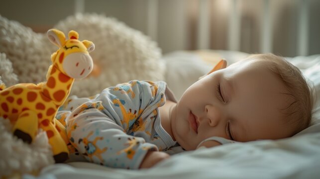 A peaceful scene of a sleeping baby with a giraffe-themed blanket and a stuffed giraffe toy.