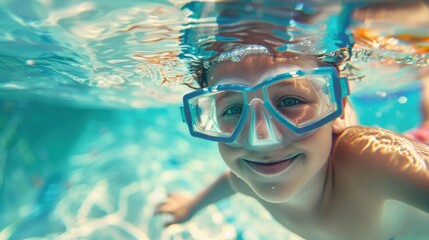 Naklejka premium A young child with blue goggles smiling underwater surrounded by clear blue water.