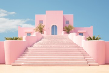 a pink building with a staircase