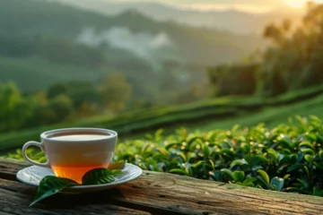 Rollo Cup of hot tea and tea leaf on the wooden table and the tea plantations background © Zoraiz