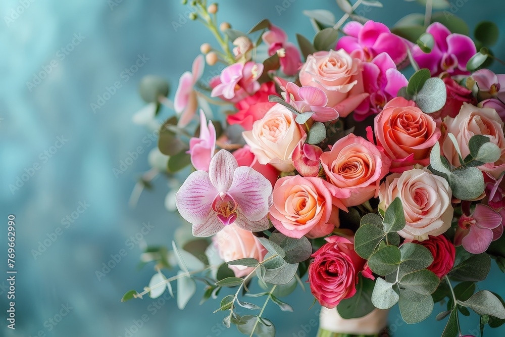 Poster A beautiful arrangement of pink and red flowers delicately arranged in a vase, showcasing an elegant display of love and beauty