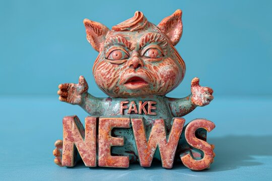 A playful pig perches atop a bold fake news sign, challenging the credibility of misinformation in a whimsical display