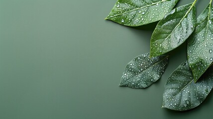 Fresh green leaves with water droplets on a smooth background.