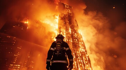 A firefighter stands in front of a burning building