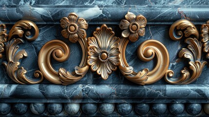 Luxurious Golden Baroque Floral Ornamentation on Marble Background. - obrazy, fototapety, plakaty