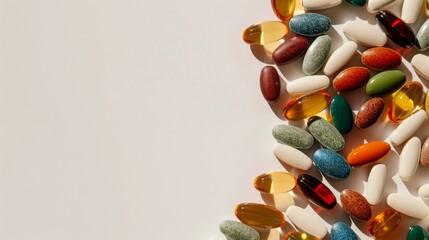 A variety of colorful vitamin and supplement pills are scattered, showcasing a range of shapes, sizes, and textures against a light background.