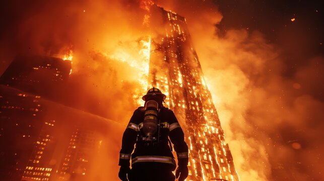 A firefighter stands in front of a burning building