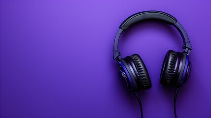 Fototapeta na wymiar Black headphones placed on a purple background with ample space for text.