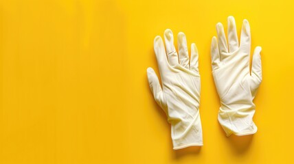 A pair of white rubber gloves on a bright yellow background, positioned side by side.