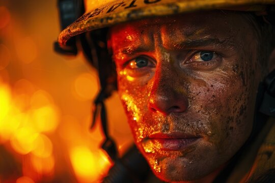 A firefighter is wearing a yellow helmet and is covered in sweat