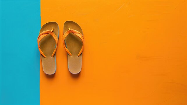 A pair of flip-flops positioned on a dual-colored blue and orange background.