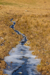 Frozen stream flowing in farmers pasture - 769663713