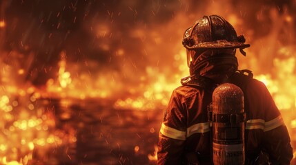 Fototapeta na wymiar A firefighter is standing in front of a burning building
