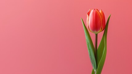 A single red tulip against a soft pink background with copy space on the right side.