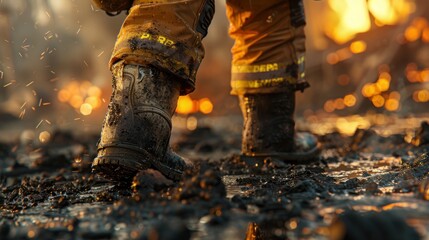 A firefighter's boots are covered in mud and ash