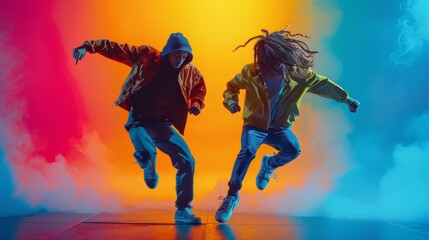 Street style dance. Collage with men and women dancing breakdance on multicolored background in neon light. Concept of art, choreography, creativity, hobby, movements. Banner, flyer, ad
